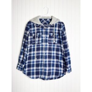 Forever 21 Women's Hooded Plaid Flannel Shirt Jacket Blue Gray Medium Cozy Fall